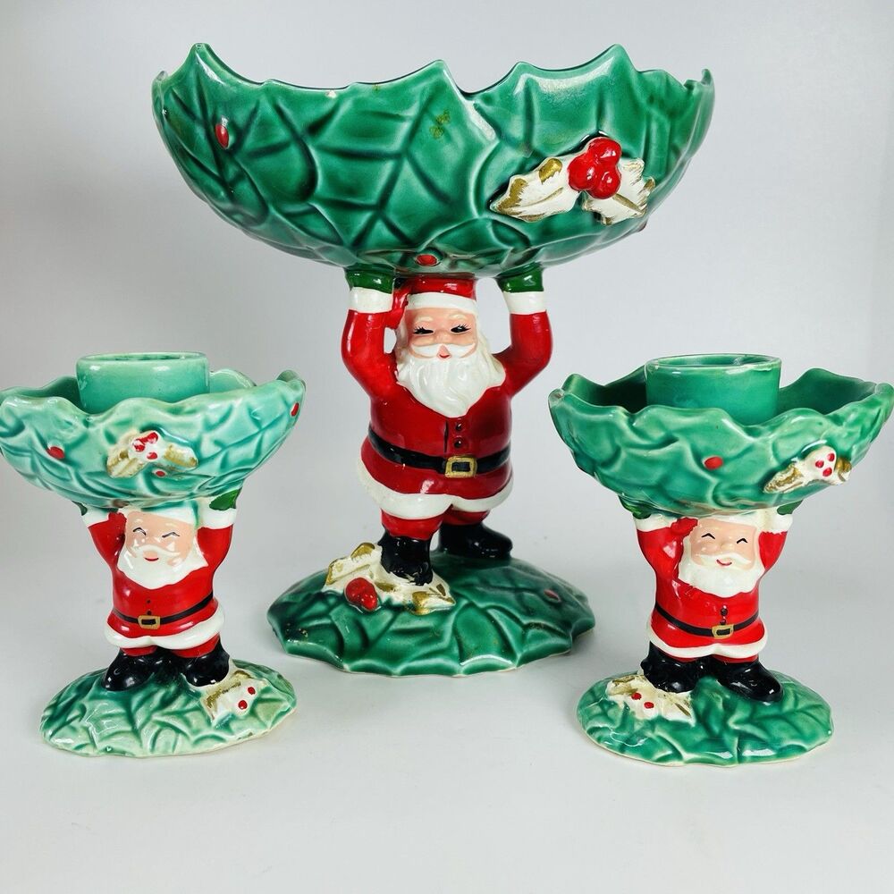 VTG NAPCO Ware Santa Christmas Set 1962 Candy Dish Candle Holder Holly Ceramic